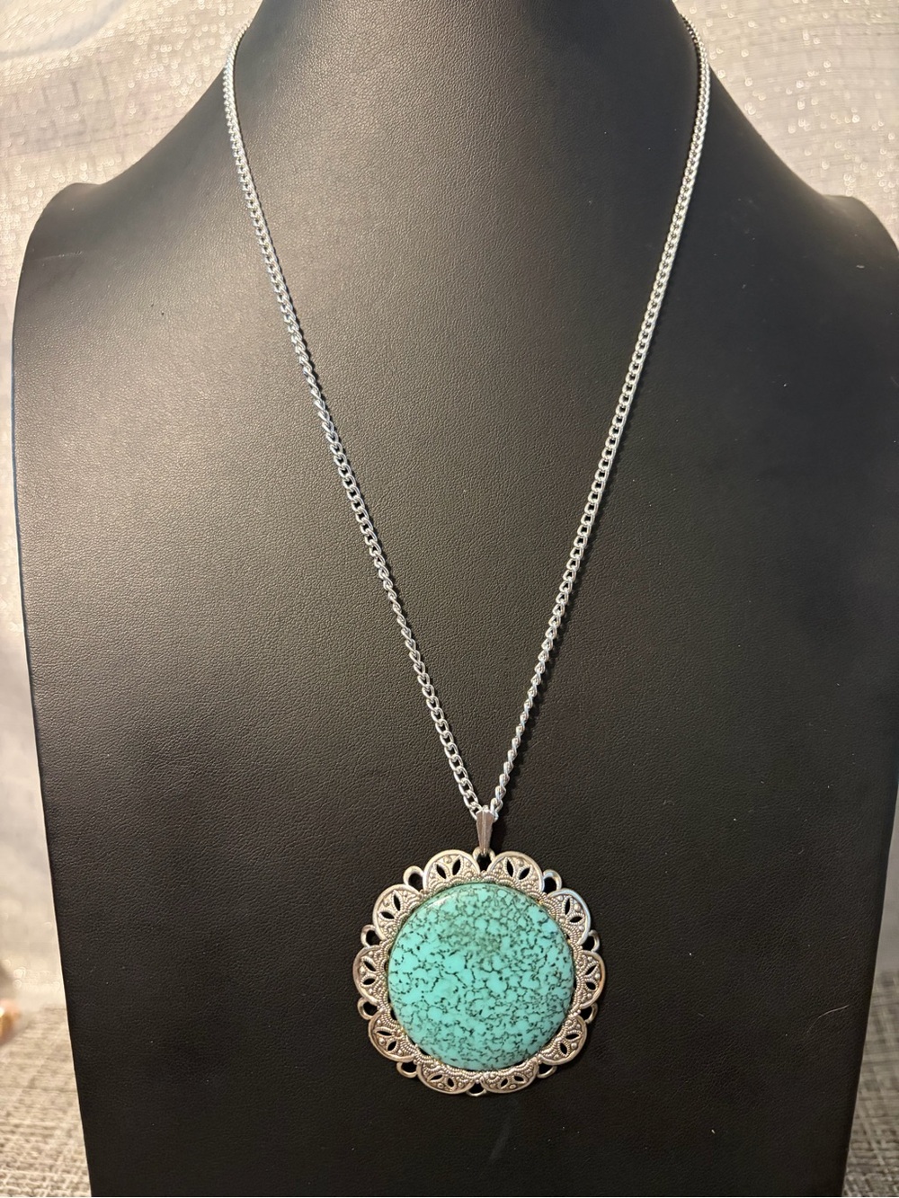 MCM 1950’s Germany Stamped Pendant Necklace with Faux-Turquoise Stone